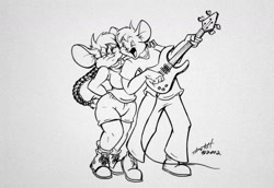 Size: 1017x700 | Tagged: safe, artist:dutch, oc, oc:jules (dutch), oc:misty the mouse (dutch), mammal, mouse, rodent, anthro, bedroom eyes, big breasts, big butt, breasts, buckteeth, butt, duo, electric guitar, eyes closed, female, guitar, husband, husband and wife, male, musical instrument, open mouth, open smile, playing musical instrument, romantic couple, singing, smiling, teeth, thick thighs, thighs, wide hips, wife
