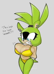 Size: 645x873 | Tagged: suggestive, artist:saiyaman22, surge the tenrec (sonic), mammal, tenrec, anthro, idw sonic the hedgehog, sega, sonic the hedgehog (series), 2023, annoyed, big breasts, black nose, blue eyes, bra, breasts, clothes, ear piercing, english text, female, gray background, gritted teeth, hair, hair tie, panties, piercing, short tail, simple background, solo, solo female, tail, talking, teeth, text, tight clothing, underwear