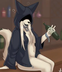 Size: 1103x1280 | Tagged: suggestive, artist:whitev, oc, oc only, canine, mammal, wolf, anthro, 2022, beer bottle, belly button, blushing, braless, breasts, clothes, digital art, drunk, ears, eyelashes, eyes closed, female, fur, hoodie, no underwear, open mouth, sharp teeth, sitting, solo, solo female, tail, teeth, thighs, tongue, topwear, wide hips