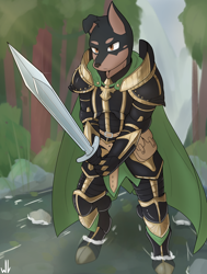 Size: 2196x2900 | Tagged: safe, artist:whitev, oc, oc only, canine, doberman, dog, mammal, anthro, 2022, armor, black nose, commission, digital art, ears, fur, male, short tail, solo, solo male, sword, tail, weapon
