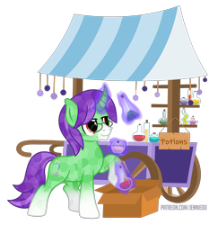 Size: 5000x5137 | Tagged: safe, artist:jennieoo, oc, oc:crescent star, crystal pony, equine, fictional species, mammal, pony, unicorn, feral, friendship is magic, hasbro, my little pony, 2023, absurd resolution, box, cart, container, curved horn, glowing, glowing horn, horn, magic, male, market, potion, simple background, smiling, solo, solo male, stall, stallion, tail, telekinesis, transformation, transparent background