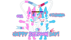 Size: 3840x2160 | Tagged: safe, artist:rachi-rodehills, oc, oc only, eeveelution, fictional species, mammal, sylveon, semi-anthro, nintendo, pokémon, duo, female, happy sylveon day, high res, male, simple background, transparent background