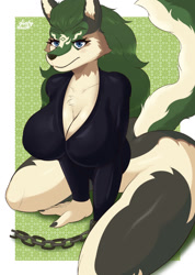 Size: 910x1280 | Tagged: suggestive, artist:dirtyduckart, link (wolf form), link (zelda), canine, mammal, wolf, anthro, nintendo, the legend of zelda, the legend of zelda: twilight princess, 2022, big breasts, black nose, bottomless, breasts, chains, clothes, digital art, ears, eyelashes, female, fur, hair, kneeling, looking at you, nudity, partial nudity, pose, rule 63, shirt, solo, solo female, thighs, topwear, wide hips
