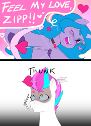 Size: 1737x2405 | Tagged: safe, artist:aztrial, izzy moonbow (mlp), zipp storm (mlp), equine, fictional species, mammal, pegasus, pony, unicorn, feral, hasbro, my little pony, my little pony g5, spoiler, spoiler:my little pony g5, spoiler:my little pony: tell your tale, spoiler:tyts01e44, 2023, arrow, bow, cupid, dialogue, duo, female, female/female, gradient background, heart, holiday, hooves, implied lesbian, implied shipping, izzyzipp (mlp), love heart, mare, my little pony: tell your tale, one eye closed, onomatopoeia, open mouth, pinpoint eyes, secret ad-mare-er, shipping, simple background, speech bubble, talking, text, unshorn fetlocks, valentine's day, winking