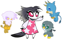 Size: 1810x1144 | Tagged: safe, artist:ponygamer2020, gabby (mlp), gallus (mlp), gilda (mlp), octavia (vivzmind), bird, bird of prey, demon, equine, feline, fictional species, gryphon, mammal, owl, pony, anthro, digitigrade anthro, feral, friendship is magic, hasbro, hazbin hotel, helluva boss, my little pony, 2023, baby, bottomwear, chick, chickub, clothes, crossover, cub, cute, dress, female, flying, group, male, owlet, quartet, simple background, smiling, tail, transparent background, vector, wings, young, younger