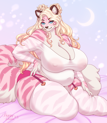 Size: 1195x1379 | Tagged: suggestive, artist:tiggybloom, oc, oc only, oc:marzipan (tiggybloom), big cat, feline, mammal, tiger, anthro, 2023, big belly, breasts, cleavage, clothes, female, garter straps, huge breasts, legwear, panties, see-through, shirt, slightly chubby, solo, solo female, stockings, tail, thick thighs, thighs, topwear, underwear, wide hips