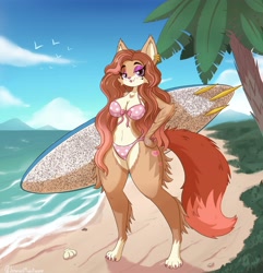 Size: 3908x4060 | Tagged: safe, alternate version, artist:jasminthemanticore, oc, oc only, canine, fox, mammal, anthro, 2022, beach, bedroom eyes, belly button, bikini, black nose, blep, breasts, clothes, cloud, commission, detailed background, digital art, ears, eyelashes, female, fur, hair, high res, looking at you, ocean, palm tree, pink bikini, pink swimsuit, plant, sand, sky, solo, solo female, surfboard, swimsuit, tail, thighs, tongue, tongue out, tree, vixen, water, wide hips