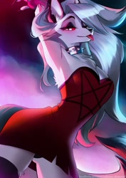 Size: 1800x2548 | Tagged: safe, artist:roksana-diamond, loona (vivzmind), canine, fictional species, hellhound, mammal, anthro, hazbin hotel, helluva boss, 2023, abstract background, arms above head, blep, blushing, bottomwear, breasts, clothes, collar, dress, ears, female, hair, long hair, panties, panty shot, silver hair, solo, solo female, spiked collar, tail, thick thighs, thighs, tongue, tongue out, underwear, wide hips