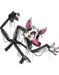 Size: 1024x1304 | Tagged: safe, artist:bootsdotexe, mangle (fnaf), animatronic, canine, fictional species, fox, mammal, robot, five nights at freddy's, 2017, bigender, black sclera, colored sclera, eyelashes, fur, looking up, open mouth, open smile, pink body, pink fur, simple background, smiling, solo, teeth, transparent background, white body, white fur, wires