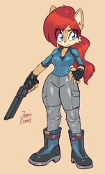 Size: 2120x3508 | Tagged: safe, artist:jamoart, princess sally acorn (sonic), chipmunk, mammal, rodent, anthro, archie sonic the hedgehog, sega, sonic the hedgehog (series), female, gun, holding, holding object, solo, solo female, weapon