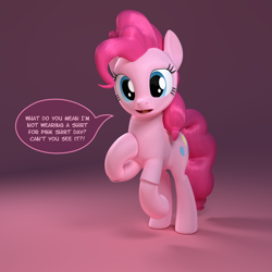 Size: 4096x4096 | Tagged: safe, artist:zgcbrony, pinkie pie (mlp), earth pony, equine, fictional species, mammal, pony, feral, friendship is magic, hasbro, my little pony, 2023, 3d, absurd resolution, anti-bullying, blender, blender cycles, clothes, dialogue, digital art, eyelashes, female, hair, looking at you, mane, mare, pink body, pink hair, pink mane, pink shirt, pink shirt day, pink tail, shirt, solo, solo female, speech bubble, tail, talking, topwear