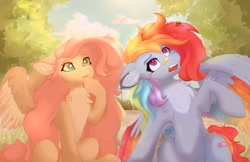 Size: 1785x1155 | Tagged: safe, artist:nyota71, fluttershy (mlp), rainbow dash (mlp), arthropod, equine, fictional species, insect, mammal, pegasus, pony, feral, friendship is magic, hasbro, my little pony, 2023, amused, bandaid, bandaid on nose, cloud, colored ears, colored wings, commission, duo, duo female, feathered wings, feathers, female, females only, flower, fur, hair, looking up, mane, mare, park, plant, smiling, summer, tail, tree, wings