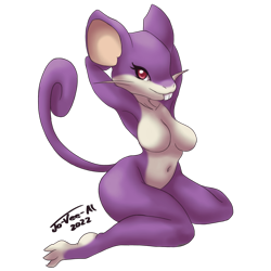 Size: 2805x2805 | Tagged: safe, artist:jo-vee-al, fictional species, rattata, anthro, digitigrade anthro, nintendo, pokémon, 2022, armpits, arms behind head, belly button, breasts, buckteeth, digital art, ears, eyelashes, featureless breasts, female, fur, kneeling, simple background, solo, solo female, tail, teeth, thighs, transparent background, wide hips
