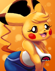 Size: 2550x3300 | Tagged: safe, artist:jo-vee-al, fictional species, mammal, pikachu, anthro, nintendo, pokémon, 2020, bent over, bottomwear, breasts, clothes, digital art, ears, eyelashes, female, fur, open mouth, pants, shirt, solo, solo female, tail, thighs, tongue, topwear, wide hips