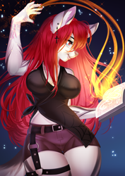 Size: 848x1200 | Tagged: safe, artist:samuel-white, oc, oc only, canine, mammal, wolf, anthro, 2023, bottomwear, breasts, clothes, commission, digital art, ears, eyelashes, female, fur, hair, magic, pink nose, shirt, shorts, solo, solo female, spellbook, tail, thighs, topwear, wide hips, ych result
