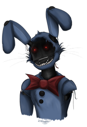 Size: 1024x1490 | Tagged: safe, artist:bootsdotexe, withered bonnie (fnaf), animatronic, fictional species, lagomorph, mammal, rabbit, robot, five nights at freddy's, blue body, blue fur, bow, bow tie, clothes, fluff, fur, glowing, glowing eyes, male, red eyes, signature, simple background, solo, solo male, teeth, transparent background, whiskers