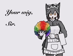 Size: 1581x1214 | Tagged: safe, artist:tunaplus_c, texas (arknights), animal humanoid, canine, fictional species, mammal, wolf, humanoid, arknights, black hair, breasts, clothes, clown wig, english text, female, food, hair, holding, holding object, looking at you, maid headdress, maid outfit, meme, mouth hold, orange eyes, pocky, short hair, simple background, solo, solo female, text, white background, wig