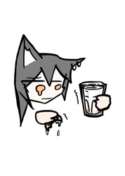 Size: 1148x1612 | Tagged: safe, artist:tunaplus_c, texas (arknights), animal humanoid, canine, fictional species, mammal, wolf, humanoid, arknights, black hair, container, cookie, cup, female, food, hair, head only, holding, holding object, milk, orange eyes, sad, simple background, solo, solo female, white background