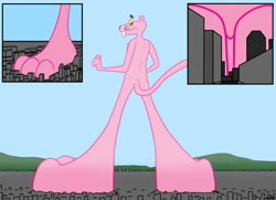 Size: 1280x927 | Tagged: safe, artist:rebbythewolf, pink panther (the pink panther), big cat, feline, mammal, anthro, the pink panther, city, feet, fur, giant, macro, male, pantherine, paws, pink body, pink fur, solo, solo male, surprised, unwilling