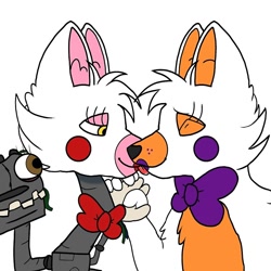 Size: 1000x1000 | Tagged: safe, artist:taeko, lolbit (fnaf), mangle (fnaf), animatronic, canine, fictional species, fox, mammal, robot, five nights at freddy's, arm fluff, bow, bow tie, cheek fluff, chest fluff, clothes, duo, ear fluff, eyelashes, eyes closed, female, female/female, fluff, fur, furrified, holding, holding hands, licking, lidded eyes, looking at someone, mangbit (fnaf), orange body, orange fur, pink body, pink fur, shipping, simple background, tongue, tongue out, vixen, white background, white body, white fur, yellow eyes