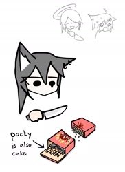 Size: 1436x1970 | Tagged: safe, artist:tunaplus_c, lappland (arknights), texas (arknights), animal humanoid, canine, fictional species, mammal, wolf, humanoid, arknights, black eyes, black hair, cake, english text, everything is cake, exusiai (arknights), female, females only, food, hair, halo, holding, holding object, knife, meme, no mouth, open mouth, pocky, simple background, smiling, sweat, text, trio, trio female, white background