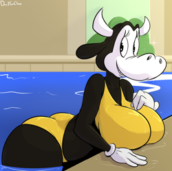 Size: 1280x1275 | Tagged: safe, artist:davidsanchan, clarabelle cow (disney), bovid, cattle, cow, mammal, anthro, disney, mickey and friends, 2d, artist name, bent over, big breasts, big butt, bikini, bikini top, black body, bovid horn, bovine horn, breasts, breasts touching, butt, clothes, cow horn, digital art, english text, eyelashes, female, gloves, handwear, high res, horn, looking at you, mickey mouse (comics), signature, smiling, solo, solo female, swimming pool, swimsuit, tailless, text, toony, touching own breasts, water, watermark, wet, wet body, yellow bikini, yellow bikini top, yellow clothing, yellow swimsuit, yellow swimwear