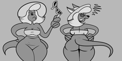 Size: 1280x640 | Tagged: safe, artist:tooneyd, kangaroo, mammal, marsupial, anthro, disney, mickey and friends, 2019, 2d, angry, annoyed, big butt, bottomless, breasts, butt, clothes, digital art, featureless crotch, female, glasses, glasses off, gray background, grayscale, gritted teeth, hair, hand on hip, hand on own hip, hat, headwear, high res, hips, holding, holding object, long hair, long tail, looking at you, looking away, looking back, macropod, mickey mouse (shorts), monochrome, nudity, partial nudity, simple background, solo, solo female, sun hat, sunglasses, tail, teeth, thick thighs, thighs, topwear, wide hips