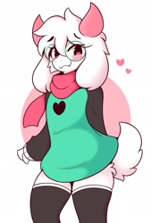 Size: 2017x2988 | Tagged: safe, artist:jammynya, ralsei (deltarune), bovid, goat, mammal, anthro, deltarune, 2023, 2d, blushing, bottomwear, clothes, cute, dress, fangs, femboy, fluff, glasses, heart, high res, horns, legwear, looking at you, male, nudity, partial nudity, round glasses, scarf, sharp teeth, simple background, smiling, smiling at you, socks, socks only, solo, solo male, tail, tail fluff, teeth, thigh highs, thighs