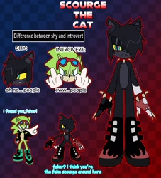 Size: 1917x2107 | Tagged: safe, artist:tobysona, scourge (warrior cats), scourge the hedgehog (sonic), cat, feline, hedgehog, mammal, anthro, archie sonic the hedgehog, sega, sonic the hedgehog (series), warrior cats, anthrofied, black body, black fur, boots, clothes, collar, crossover, duo, duo male, emo, english text, fur, green body, green fur, male, males only, meme, shoes, sonicified, spiked collar, text