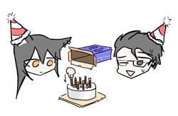 Size: 1527x994 | Tagged: safe, artist:tunaplus_c, texas (arknights), animal humanoid, canine, fictional species, human, mammal, wolf, humanoid, arknights, birthday, birthday cake, black hair, box, cake, clothes, container, duo, female, food, glasses, hair, hat, headwear, male, one eye closed, open mouth, open smile, orange eyes, party hat, simple background, smiling, white background