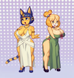 Size: 2600x2732 | Tagged: suggestive, artist:rizdraws, ankha (animal crossing), isabelle (animal crossing), canine, cat, dog, feline, mammal, anthro, animal crossing, nintendo, bottomwear, breasts, cleavage, clothes, dress, female, high heels, shoes, side slit, strapless, thighs