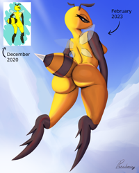 Size: 960x1200 | Tagged: suggestive, artist:paradoxing5, oc, oc only, arthropod, bee, insect, anthro, digitigrade anthro, 2023, bedroom eyes, black sclera, breasts, butt, colored sclera, detailed background, digital art, ears, eyelashes, female, flying, looking at you, looking back, looking back at you, nudity, picture-in-picture, pose, rear view, redraw, scales, sideboob, solo, solo female, spread wings, tail, thighs, wide hips, wings
