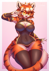 Size: 1225x1775 | Tagged: safe, artist:complextree, waaifu (arknights), big cat, feline, mammal, tiger, anthro, arknights, 2023, belly button, border, breasts, cleavage, clothes, ear fluff, female, fluff, hair, huge breasts, midriff, solo, solo female, tail, tail fluff, thick thighs, thighs, tigress, white border