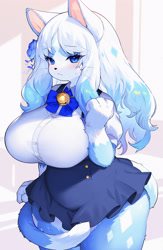 Size: 1690x2600 | Tagged: safe, artist:kishibe_, cat, feline, mammal, anthro, bottomwear, breasts, clothes, female, huge breasts, kemono, shirt, skirt, solo, solo female, tail, thick thighs, thighs, topwear, wide hips