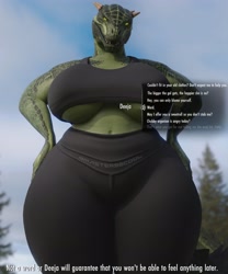 Size: 3413x4096 | Tagged: safe, artist:master98cool, deeja (skyrim), argonian, fictional species, reptile, anthro, the elder scrolls, the elder scrolls v: skyrim, 3d, bottomwear, breasts, clothes, digital art, female, horns, huge breasts, pants, scales, solo, solo female, thick thighs, thighs, topwear, underboob, wide hips