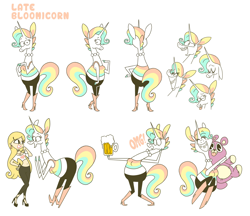 Size: 2434x2099 | Tagged: safe, artist:kyra kupetsky, oc, oc only, oc:late bloomicorn (kyra kupetsky), equine, fictional species, human, mammal, unicorn, anthro, alcohol, arm hooves, beer, beer stein, belly button, bottomwear, braces, breast squish, breasts, character name, choker, clothes, crop top, cropped shirt, drink, ears, ears down, eyebrows, eyes closed, front view, grin, hand on hip, high heel boots, high heels, hooves, hooves together, jewelry, knock-kneed, leaning forward, looking at you, midriff, necklace, omg, open mouth, open smile, pants, pearl necklace, plushie, raised eyebrow, rear view, reference sheet, shirt, shoes, shrunken pupils, side view, simple background, slightly chubby, smiling, spiked wristband, studded choker, tail, teddy bear, text, tongue, tongue out, topwear, toy, white background, wristband