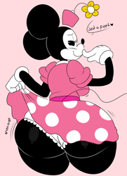 Size: 988x1368 | Tagged: suggestive, artist:denizen1414, minnie mouse (disney), mammal, mouse, rodent, anthro, disney, mickey and friends, 2020, big butt, black body, black nose, bottomwear, bouncing, bouncing butt, butt, butt focus, clothes, dialogue, digital art, english text, female, flashing, flower, flower on hat, gloves, handwear, hat, headwear, high res, hips, looking at you, looking back, looking back at you, murid, murine, onomatopoeia, panties, pattern bottomwear, pattern clothing, pattern skirt, pink background, pink clothing, pink hat, plant, sexy, simple background, skirt, skirt lift, solo, solo female, spotted bottomwear, spotted clothing, spotted skirt, talking, talking to viewer, teasing you, text, thick thighs, thighs, toony, topwear, underwear, white clothing, white gloves, white panties, white underwear, wide hips