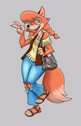 Size: 2650x4096 | Tagged: safe, artist:wgoldwing, oc, oc:patty (fox-popvli), canine, fox, mammal, anthro, bag, claws, clothes, container, cute, cute little fangs, fangs, feet, female, gesture, glasses, hair, hippie, jeans, looking at you, open mouth, open smile, pants, peace sign, pigtails, ripped jeans, ripped pants, round glasses, sandals, shoes, smiling, smiling at you, solo, solo female, teeth, toe claws, toes, torn clothes, torn pants, vixen