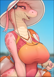 Size: 1061x1500 | Tagged: safe, artist:vader-san, oc, oc only, reptile, snake, anthro, 2023, breasts, clothes, female, hat, headphones, headwear, huge breasts, jewelry, necklace, one-piece swimsuit, scales, solo, solo female, sun hat, swimsuit, wide hips