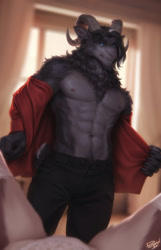 Size: 800x1244 | Tagged: safe, artist:personalami, bovid, goat, mammal, anthro, abs, bottomwear, clothes, fluff, horns, male, muscles, muscular male, neck fluff, pants, pecs, shirt, solo, solo male, topwear, undressing