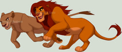 Size: 1100x470 | Tagged: safe, artist:djcoulzanimalsonly, nala (the lion king), simba (the lion king), feral, disney, the lion king, duo, female, male, running