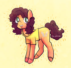Size: 1280x1225 | Tagged: safe, artist:bleed-more, cheese sandwich (mlp), earth pony, equine, fictional species, mammal, pony, friendship is magic, hasbro, my little pony, eye through hair, hair, hooves, male, no pupils, signature, simple background, solo, stallion, unshorn fetlocks, yellow background