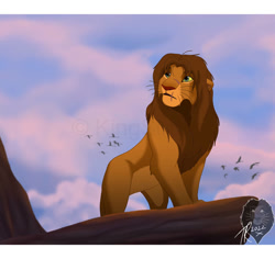 Size: 921x868 | Tagged: safe, artist:kingsimba, kopa (the lion king), big cat, bird, feline, lion, mammal, disney, the lion king, 2022, abstract background, brown body, brown fur, cloud, colored sclera, fur, green eyes, letterboxing, looking back, looking offscreen, male, older, scar, solo focus, whiskers, yellow body, yellow fur, yellow sclera