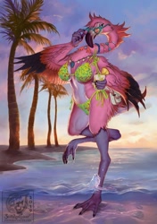 Size: 600x854 | Tagged: safe, artist:sixthleafclover, bird, flamingo, anthro, beach, bikini, chest fluff, clothes, drink, feathered wings, feathers, female, fluff, glasses, heart glasses, jewelry, looking at you, necklace, one leg raised, outdoors, palm tree, partially submerged, plant, raised leg, side-tie bikini, solo, solo female, sunglasses, swimsuit, tree, winged arms, wings