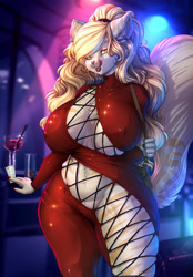 Size: 1920x2753 | Tagged: suggestive, artist:longinius, artist:vest, oc, oc:aisha (longinius), cat, feline, mammal, anthro, breasts, female, huge breasts, licking, licking lips, nipple outline, solo, solo female, string jumpsuit, thick thighs, thighs, tongue, tongue out, wide hips