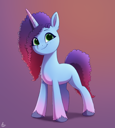 Size: 1800x2000 | Tagged: safe, artist:luminousdazzle, misty (mlp g5), equine, fictional species, mammal, pony, unicorn, feral, hasbro, my little pony, my little pony g5, my little pony: make your mark, spoiler, spoiler:my little pony g5, 2023, alternate design, cornrows, curly mane, female, freckles, gradient hooves, gradient mane, gradient tail, green eyes, hooves, horn, looking at you, mare, simple background, smiling, solo, solo female, tail, unshorn fetlocks