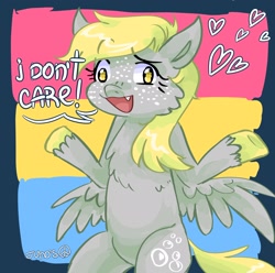 Size: 2048x2033 | Tagged: safe, artist:dmitrymemovznok, derpy hooves (mlp), equine, fictional species, mammal, pegasus, pony, feral, friendship is magic, hasbro, my little pony, 2022, blonde hair, blonde mane, blonde tail, chest fluff, eyelashes, feathered wings, feathers, female, flag, fluff, freckles, fur, gray body, gray fur, hair, heart, high res, mane, mare, pansexual, pansexual pride flag, pride, pride flag, solo, solo female, tail, text, wings