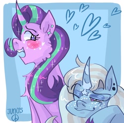 Size: 2048x2033 | Tagged: safe, artist:dmitrymemovznok, starlight glimmer (mlp), trixie (mlp), equine, fictional species, mammal, pony, unicorn, feral, friendship is magic, hasbro, my little pony, 2022, blushing, duo, duo female, ear piercing, female, female/female, females only, heart, high res, horn, piercing, shipping, smiling, smirk, startrix (mlp)