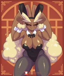 Size: 1074x1280 | Tagged: suggestive, artist:lyorenth-the-dragon, fictional species, lopunny, mammal, anthro, nintendo, pokémon, absolute cleavage, breasts, bunny suit, cleavage, clothes, ears, female, huge breasts, long ears, solo, solo female, thick thighs, thighs, wide hips, year of the rabbit