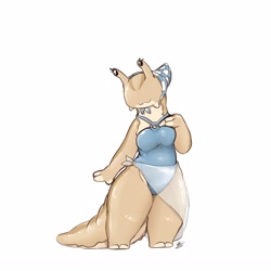 Size: 2500x2500 | Tagged: safe, artist:louart, mollusk, slug, anthro, 2023, clothes, eye stalks, female, one-piece swimsuit, sarong, solo, solo female, swimsuit, tail, thick thighs, thighs, wide hips